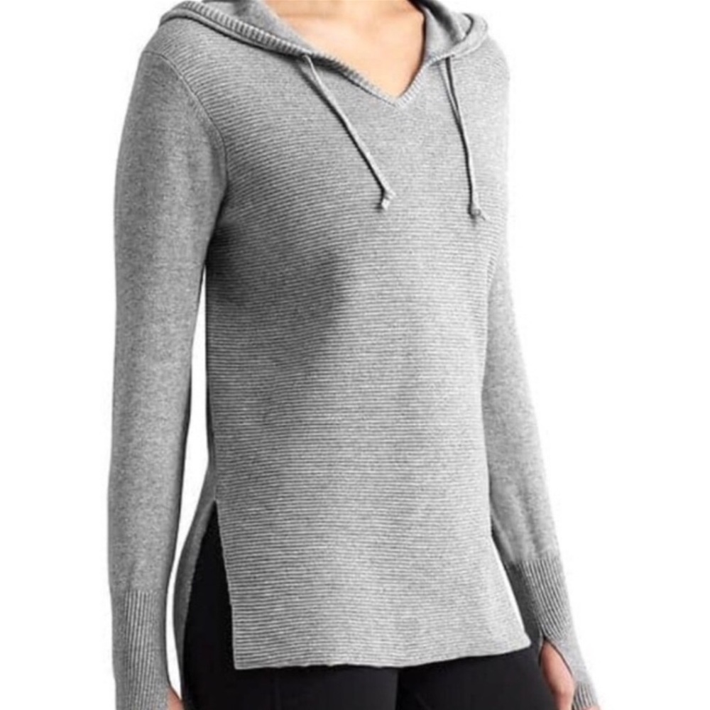 Athleta Aster Ribbed Hoodie V-Neck Sweater Grey Medium